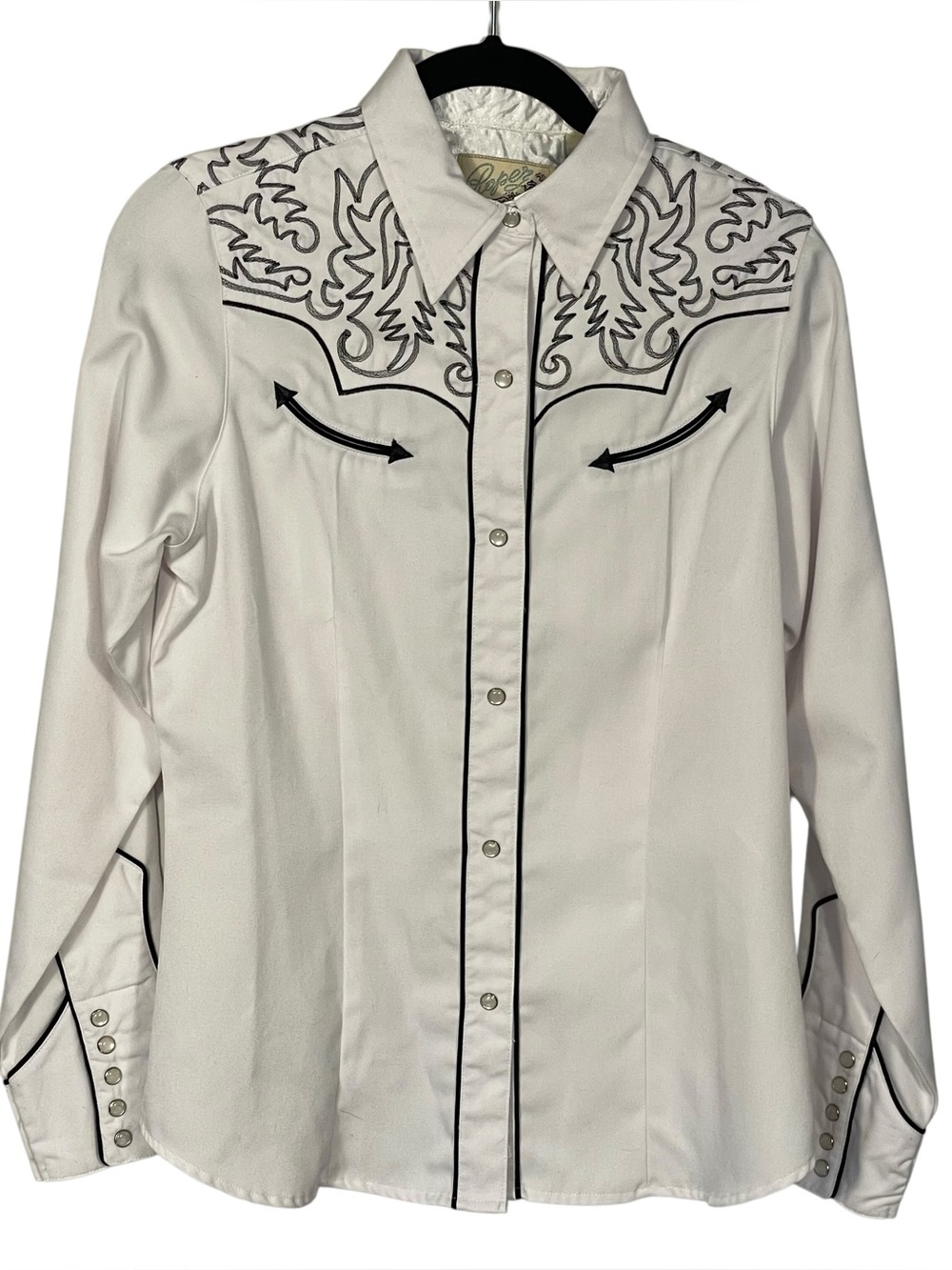 Roper Women Western Cowboy White Black Embroidered Trim Pearl Snap Front Shirt M